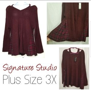 NWT Signature Studio Burgundy Cold Shoulder Plaid Inset Sides V-n